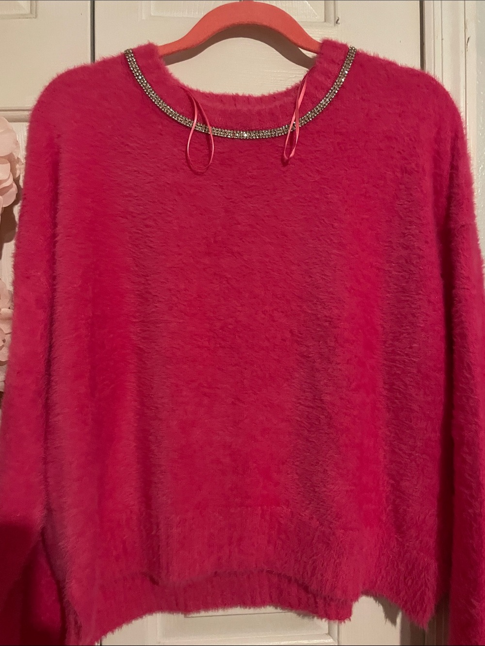 Rhinestone Trim Fuzzy Crewneck Sweater - Hot Pink